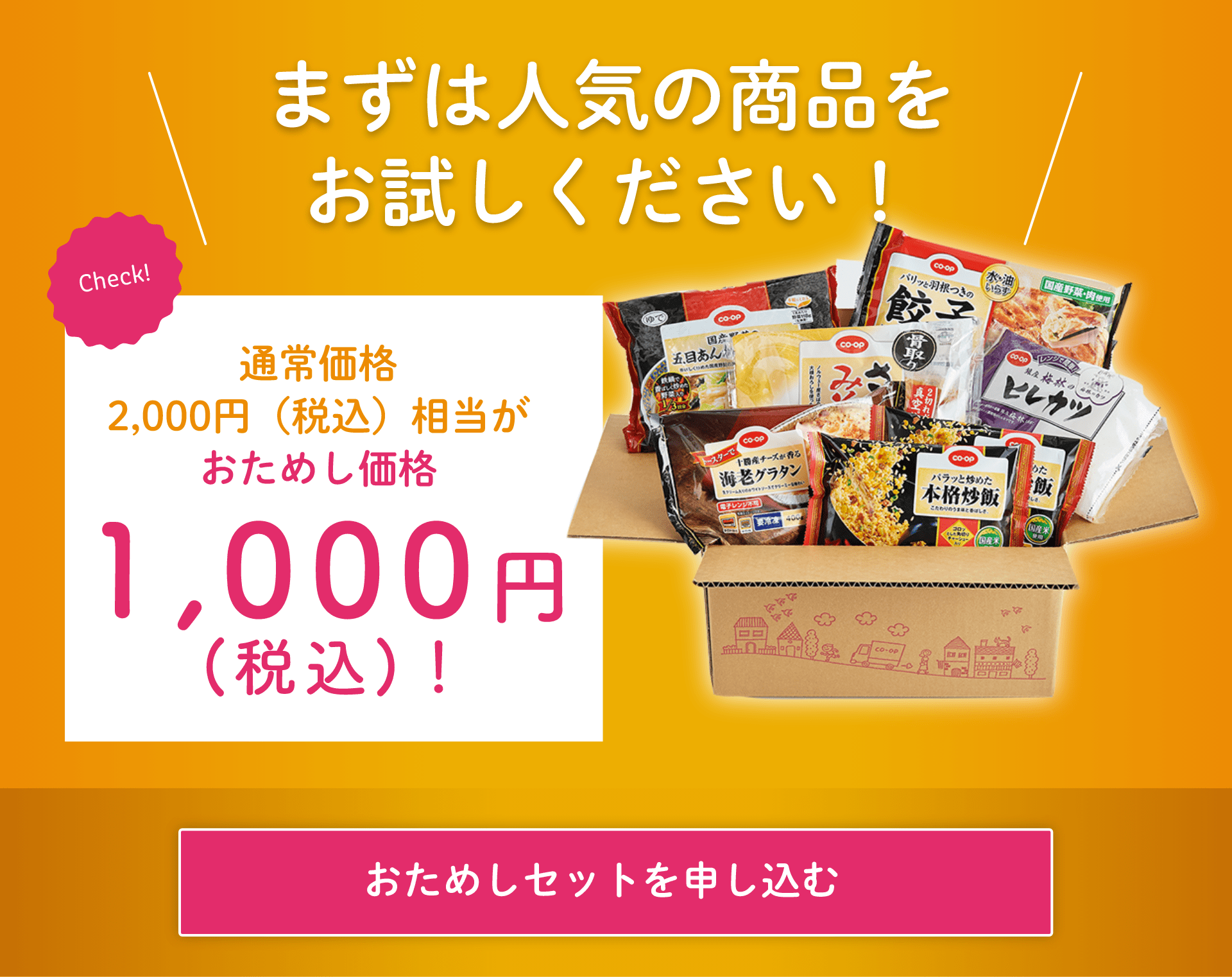 まずは人気の商品を お試しください！ Check! 通常価格 2,000円（税込）相当が おためし価格 1,000円 (税込)！