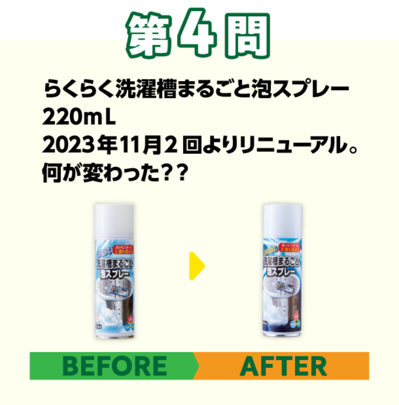 第4問 らくらく洗濯機まるごと泡スプレー220ml　2023年11月2回よりリニューアル。何が変わった？？