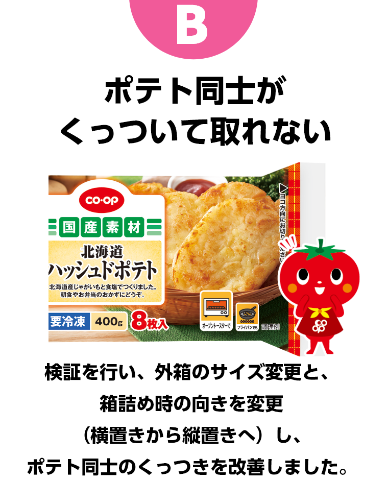 B ポテト同士がくっついて取れない　検証を行い、外箱のサイズ変更と、箱詰め時の向きを変更（横置きから縦置きへ）し、ポテト同士のくっつきを改善しました。