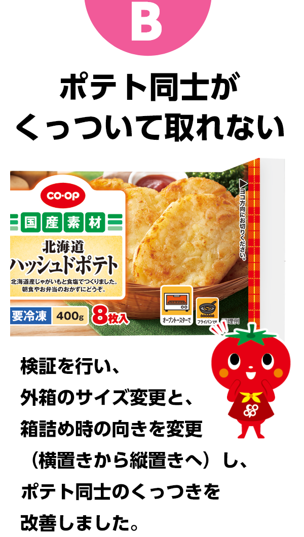 B ポテト同士がくっついて取れない　検証を行い、外箱のサイズ変更と、箱詰め時の向きを変更（横置きから縦置きへ）し、ポテト同士のくっつきを改善しました。