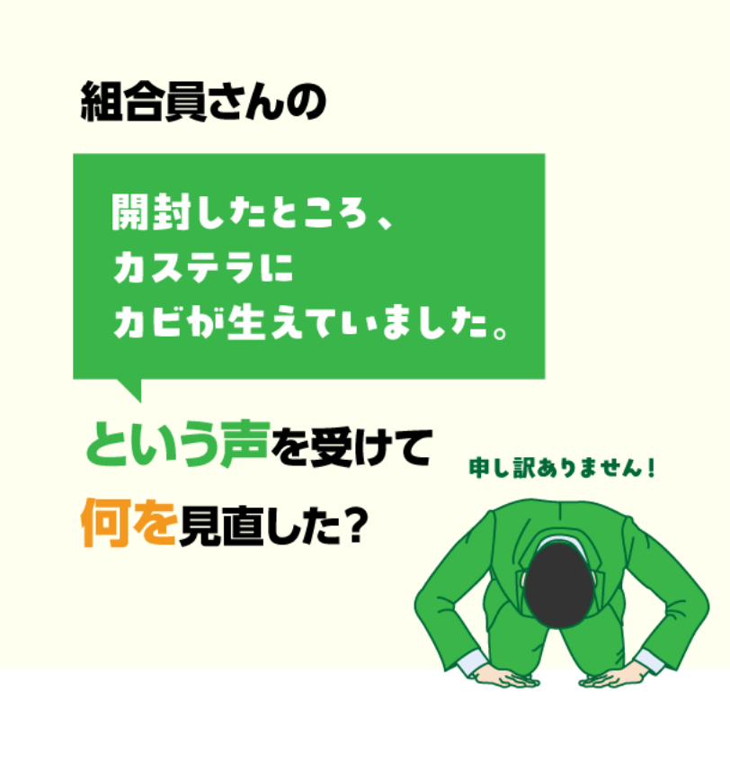 組合員さんの「開封したところ、カステラにカビが生えていました。」という声を受けて何を見直した？ 申し訳ありません！