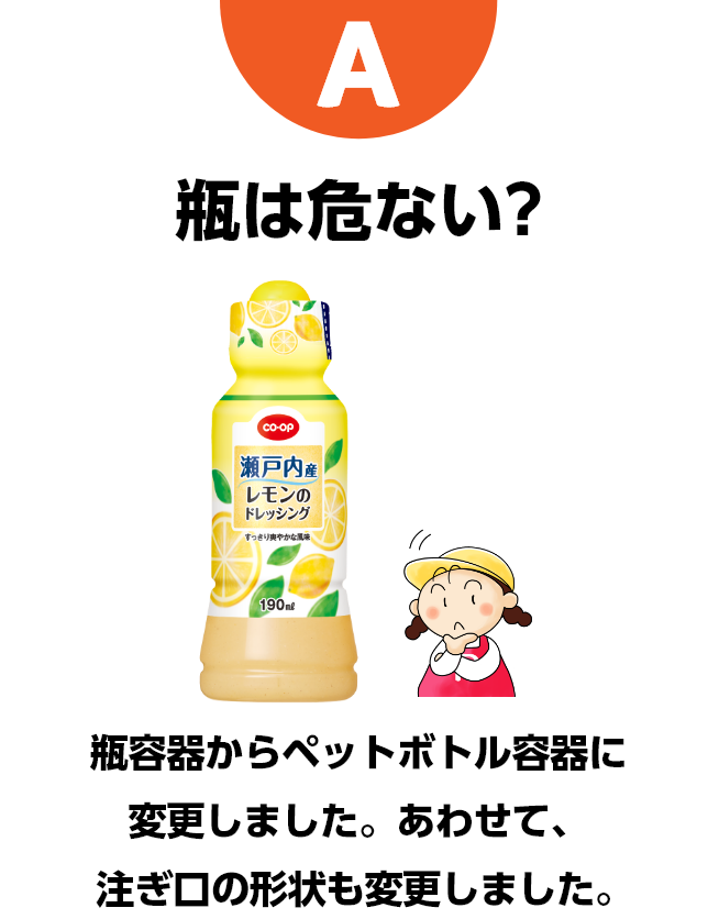 A　瓶は危ない?　瓶容器からペットボトル容器に変更しました。あわせて、注ぎ口の形状も変更しました。