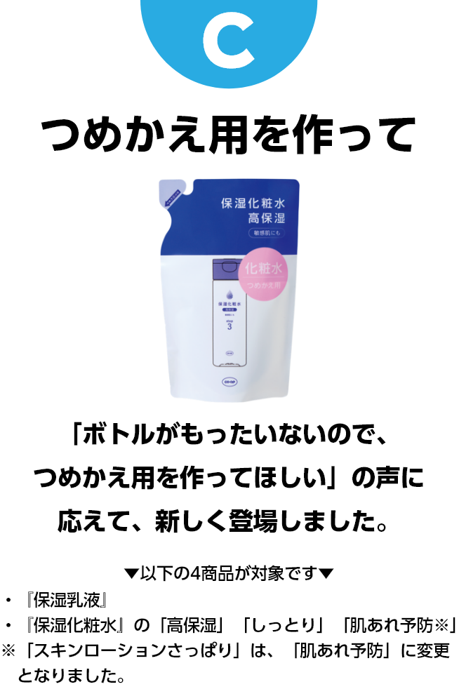 C　つめかえ用を作って　「ボトルがもったいないので、つめかえ用を作ってほしい」の声に応えて、新しく登場しました。　以下の4商品が対象です　・『保湿乳液』・『保湿化粧水』の「高保湿」「しっとり」「肌あれ予防」※「スキンローションさっぱり」は、「肌あれ予防」に変更となりました。