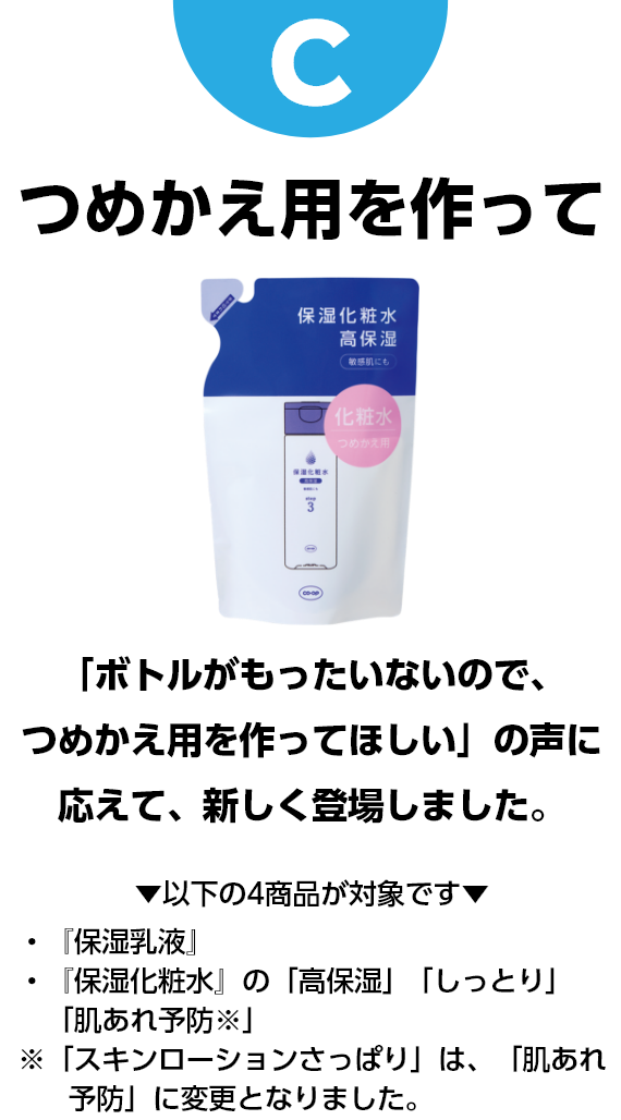 C　つめかえ用を作って　「ボトルがもったいないので、つめかえ用を作ってほしい」の声に応えて、新しく登場しました。　以下の4商品が対象です　・『保湿乳液』・『保湿化粧水』の「高保湿」「しっとり」「肌あれ予防」※「スキンローションさっぱり」は、「肌あれ予防」に変更となりました。