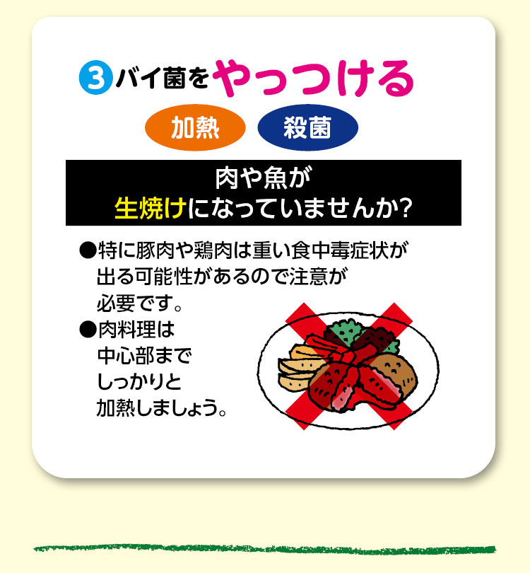 （3）バイ菌をやっつける　加熱・殺菌　肉や魚が生焼けになっていませんか?　●特に豚肉や鶏肉は重い食中毒症状が出る可能性があるので注意が必要です。　●肉料理は中心部までしっかりと加熱しましょう。