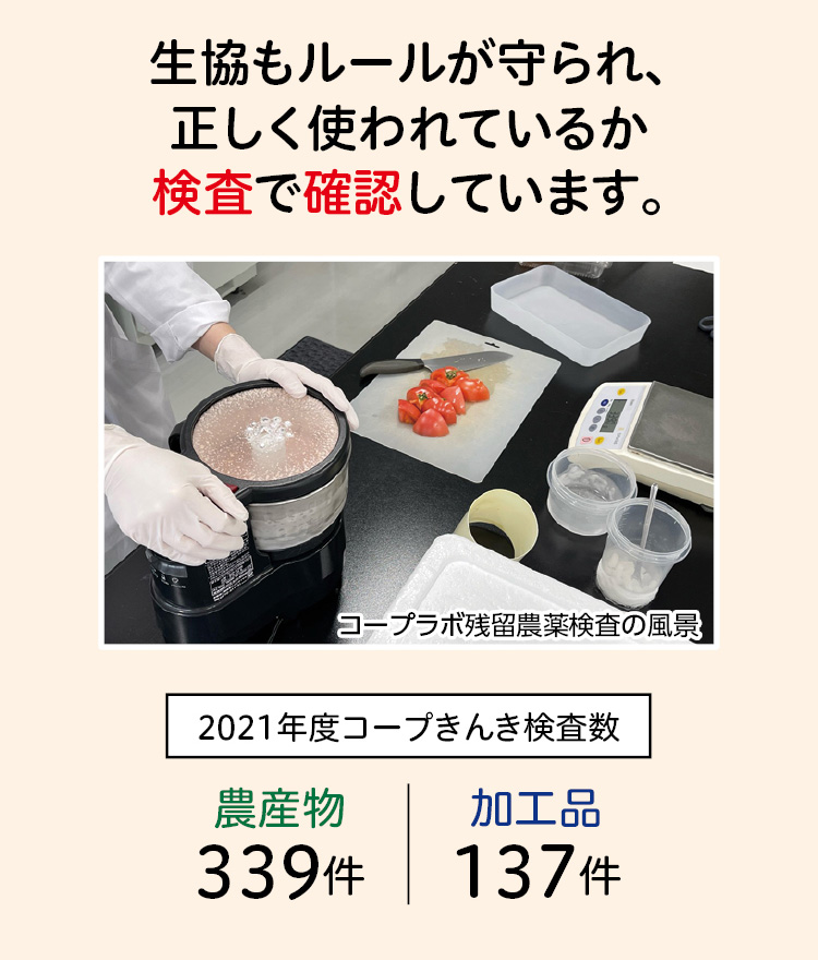 生協もルールが守られ、正しく使われているか検査で確認しています。2021年度コープきんき検査数　農産物339件　加工品137件　（コープラボ残留農薬検査の風景）