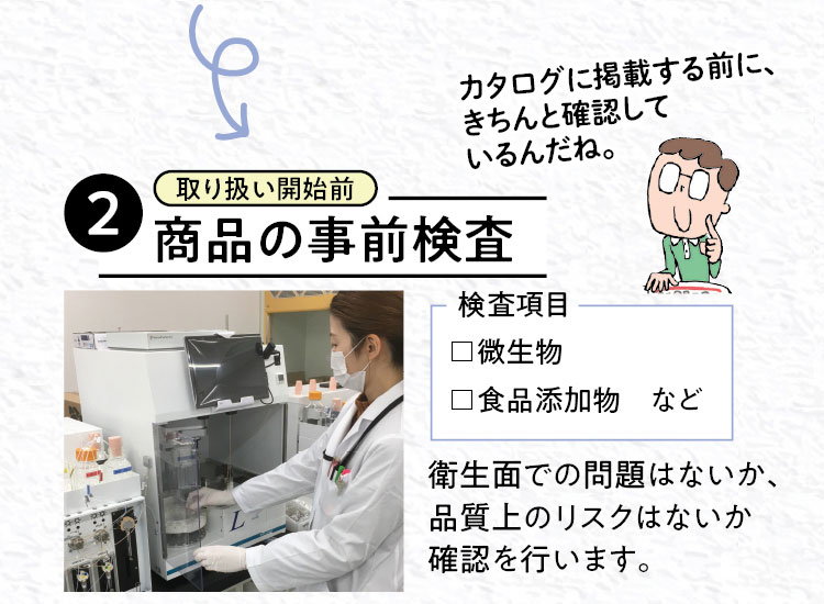 「カタログに掲載する前に、きちんと確認しているんだね。」【2（取り扱い開始前）商品の事前検査】検査項目：微生物・食品添加物など　衛生面での問題はないか、品質上のリスクはないか確認を行います。