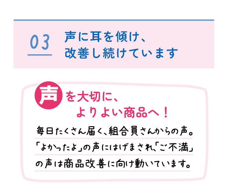 03　声に耳を傾け、改善し続けています　声を大切に、よりよい商品へ！　毎日たくさん届く、組合員さんからの声。「よかったよ」の声にはげまされ、「ご不満」の声は商品改善に向け動いています。