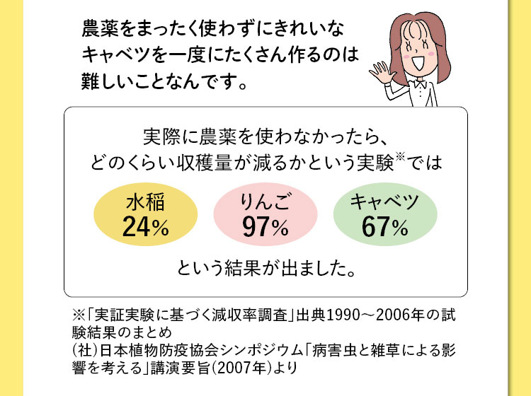 農薬をまったく使わずにきれいなキャベツを一度にたくさん作るのは難しいことなんです。　実際に農薬を使わなかったら、どのくらい収穫量が減るかという実験※では　水稲24％　りんご97％　キャベツ67％　という結果が出ました。※「実証実験に基づく減収率調査」出典1990～2006年の試験結果のまとめ(社)日本植物防疫協会シンポジウム「病害虫と雑草による影響を考える」講演要旨(2007年)より
