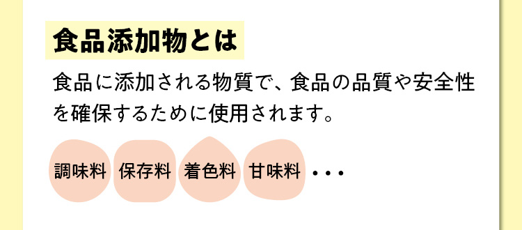 食品添加物とは　食品に添加される物質で、食品の品質や安全性を確保するために使用されます。　調味料・保存料・着色料・甘味料･･･