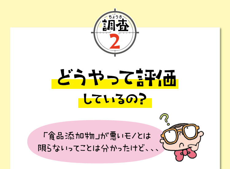 調査2　どうやって評価しているの？　「食品添加物」が悪いモノとは限らないってことは分かったけど、、、