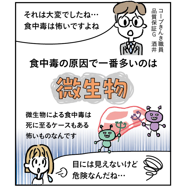 コープきんき職員 品質保証G酒井「それは大変でしたね… 食中毒は怖いですよね」食中毒の原因で一番多いのは「微生物」微生物による食中毒は死に至るケースもある怖いものなんです。きなこ「目には見えないけど危険なんだね…」