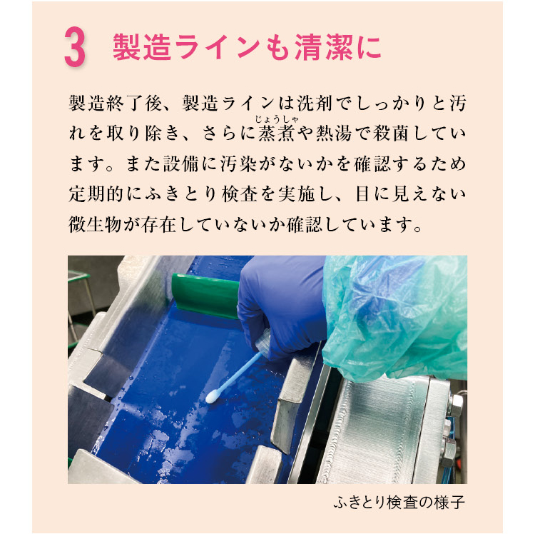 3 製造ラインも清潔に　製造終了後、製造ラインは洗剤でしっかりと汚れを取り除き、さらに蒸煮や熱湯で殺菌しています。また設備に汚染がないかを確認するため定期的にふきとり検査を実施し、目に見えない微生物が存在していないか確認しています。　ふきとり検査の様子