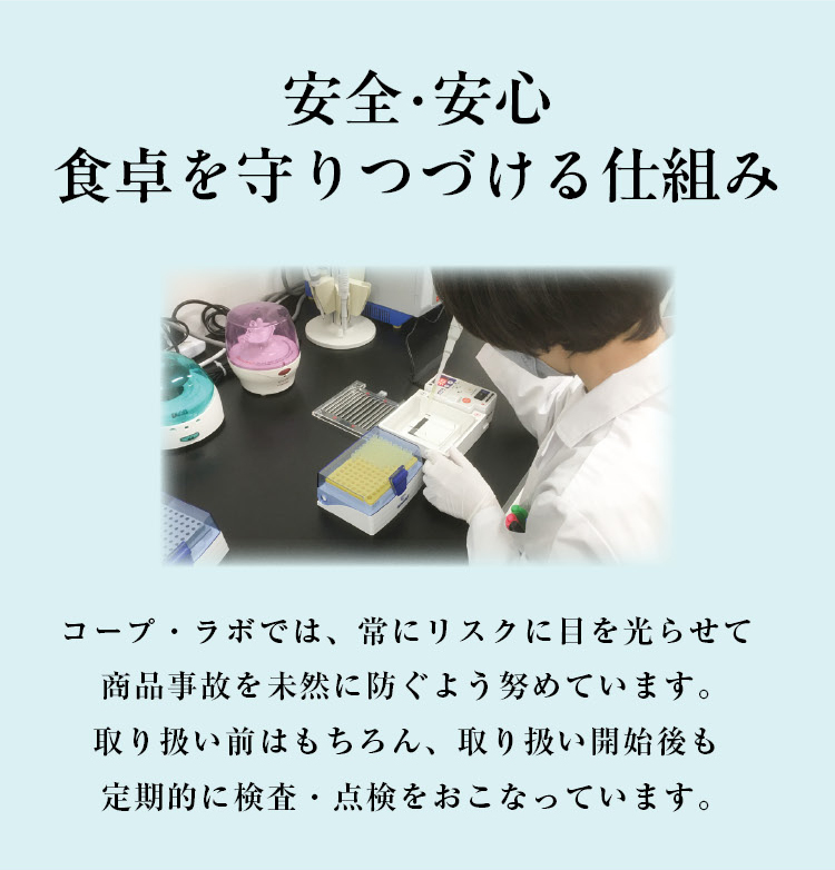 安全・安心 食卓を守りつづける仕組み　コープ・ラボでは、常にリスクに目を光らせて商品事故を未然に防ぐよう努めています。取り扱い前はもちろん、取り扱い開始後も定期的に検査・点検をおこなっています。