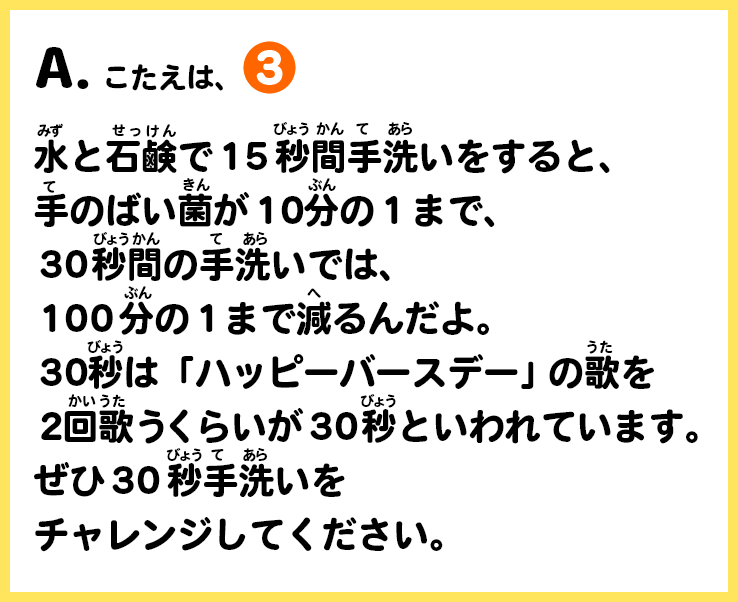 A.こたえは、③　水と石鹸で１５秒間手洗いをすると、手のばい菌が１０分の１まで、３０秒間の手洗いでは、１００分の１まで減るんだよ。３０秒は「ハッピーバースデー」の歌を２回歌うくらいが３０秒といわれています。ぜひ３０秒手洗いをチャレンジしてください。