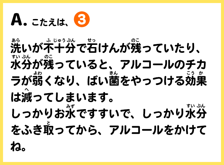 A.こたえは、③　洗いが不十分で石けんが残っていたり、水分が残っていると、アルコールのチカラが弱くなり、ばい菌をやっつける効果は減ってしまいます。しっかりお水ですすいで、しっかり水分をふき取ってから、アルコールをかけてね。