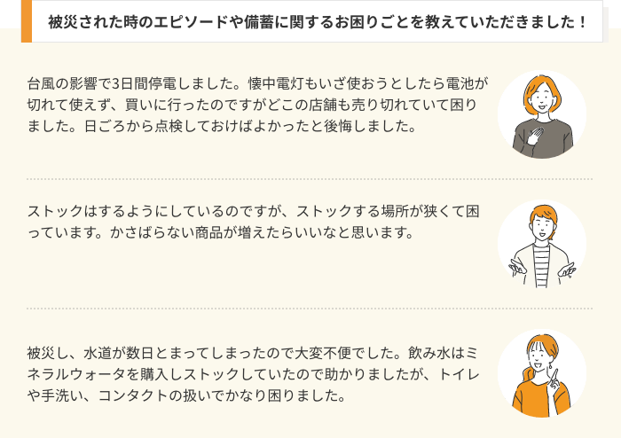 被災された時のエピソードや備蓄に関するお困りごとを教えていただきました！「台風の影響で3日間停電しました。懐中電灯もいざ使おうとしたら電池が切れて使えず、買いに行ったのですがどこの店舗も売り切れていて困りました。日ごろから点検しておけばよかったと後悔しました。」「ストックはするようにしているのですが、ストックする場所が狭くて困っています。かさばらない商品が増えたらいいなと思います。」「被災し、水道が数日とまってしまったので大変不便でした。飲み水はミネラルウォータを購入しストックしていたので助かりましたが、トイレや手洗い、コンタクトの扱いでかなり困りました。」