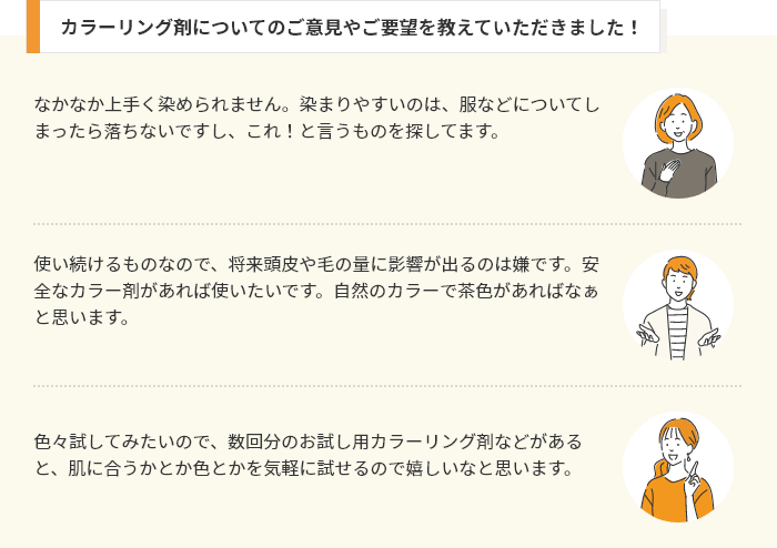 カラーリング剤についてのご意見やご要望を教えていただきました！なかなか上⼿く染められません。染まりやすいのは、服などについてしまったら落ちないですし、これ！と⾔うものを探してます。使い続けるものなので、将来頭⽪や⽑の量に影響が出るのは嫌です。安全なカラー剤があれば使いたいです。⾃然のカラーで茶⾊があればなぁと思います。⾊々試してみたいので、数回分のお試し⽤カラーリング剤などがあると、肌に合うかとか⾊とかを気軽に試せるので嬉しいなと思います。