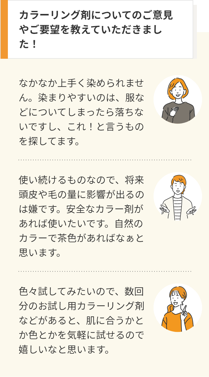 カラーリング剤についてのご意見やご要望を教えていただきました！なかなか上⼿く染められません。染まりやすいのは、服などについてしまったら落ちないですし、これ！と⾔うものを探してます。使い続けるものなので、将来頭⽪や⽑の量に影響が出るのは嫌です。安全なカラー剤があれば使いたいです。⾃然のカラーで茶⾊があればなぁと思います。⾊々試してみたいので、数回分のお試し⽤カラーリング剤などがあると、肌に合うかとか⾊とかを気軽に試せるので嬉しいなと思います。