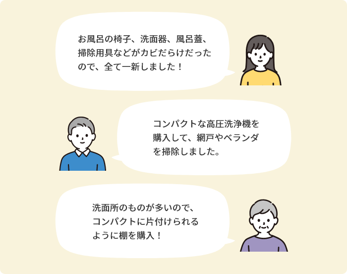 「お風呂の椅子、洗面器、風呂蓋、掃除用具などがカビだらけだったので、全て一新しました！」「コンパクトな高圧洗浄機を購入して、網戸やベランダを掃除しました。」「洗面所のものが多いので、コンパクトに片付けられるように棚を購入！」