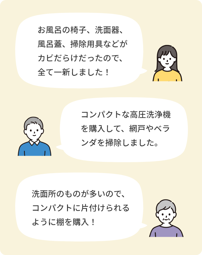 「お風呂の椅子、洗面器、風呂蓋、掃除用具などがカビだらけだったので、全て一新しました！」「コンパクトな高圧洗浄機を購入して、網戸やベランダを掃除しました。」「洗面所のものが多いので、コンパクトに片付けられるように棚を購入！」