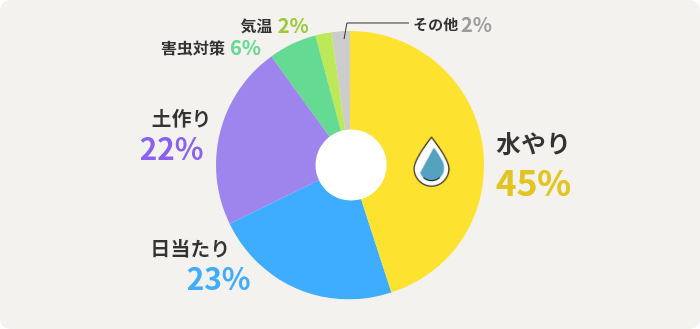 水やり	45% 日当たり23% 土作り 22% 害虫対策6% 気温2% その他 2%