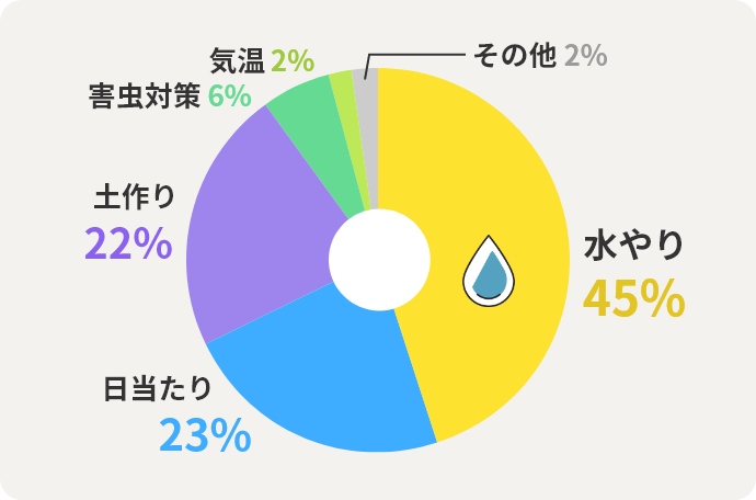 水やり	45% 日当たり23% 土作り 22% 害虫対策6% 気温2% その他 2%