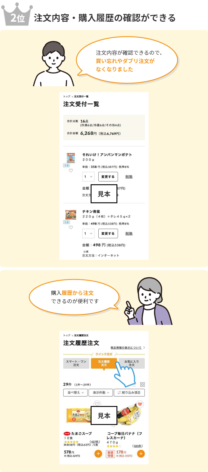 2位注文内容・購入履歴の確認ができる「注文内容が確認できるので、買い忘れやダブリ注文がなくなりました」「購入履歴から注文できるのが便利です」