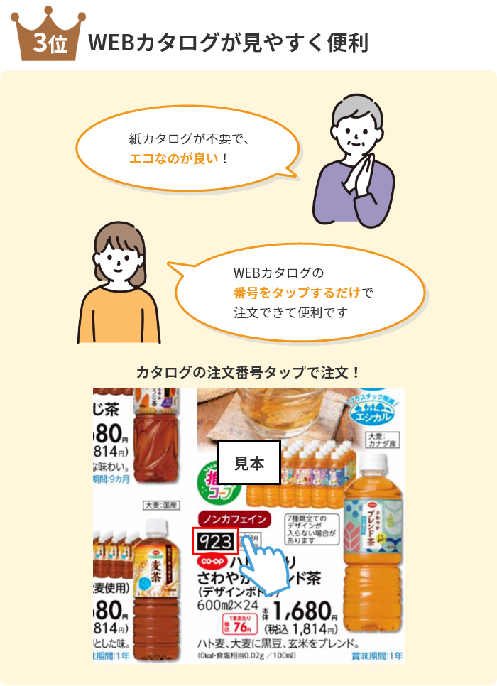 3位WEBカタログが見やすく便利「紙カタログが不要で、エコなのが良い！」「WEBカタログの番号をタップするだけで注文できて便利です」