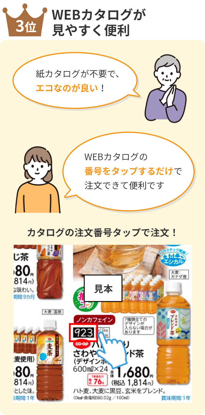 3位WEBカタログが見やすく便利「紙カタログが不要で、エコなのが良い！」「WEBカタログの番号をタップするだけで注文できて便利です」