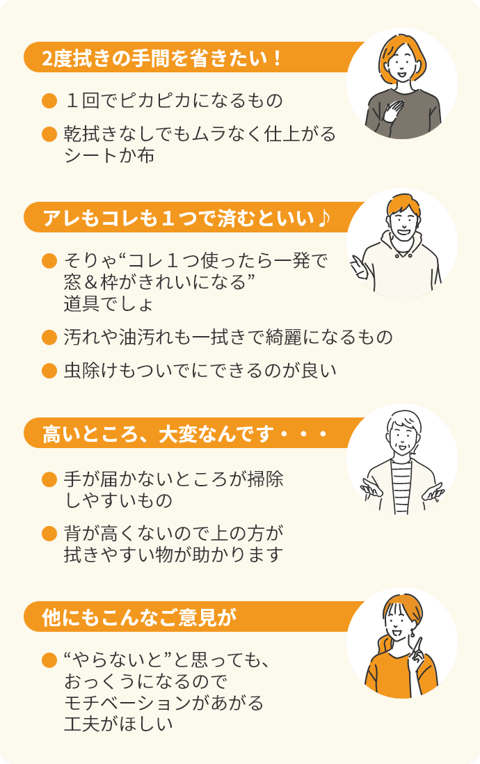１回でピカピカになるもの　乾拭きなしでもムラなく仕上がるシートか布　そりゃ“コレ１つ使ったら一発で窓＆枠がきれいになる”道具でしょ　汚れや油汚れも一拭きで綺麗になるもの　虫除けもついでにできるのが良い　手が届かないところが掃除しやすいもの　背が高くないので上の方が拭きやすい物が助かります　“やらないと”と思っても、おっくうに、なるのでモチベーションがあがる工夫がほしい